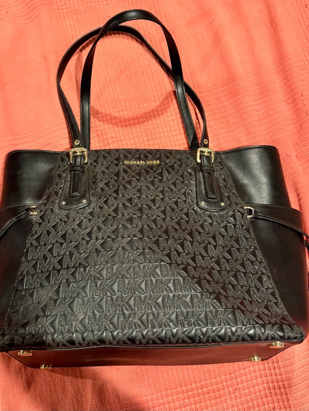 Michael Kors Black MK Monogram Leather Tote with Gold Accents